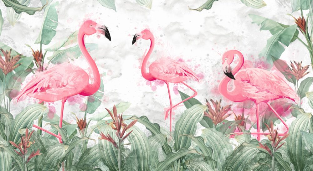 Flamingo Desenli 3D Yeşillerin İçindeki Duvar Kağıdı Poster
