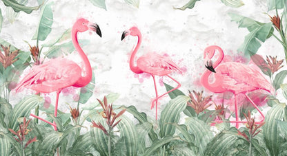 Yeşillerin İçindeki Flamingo Desenli 3D Duvar Kağıdı